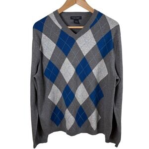Banana Republic Men's L Argyle Cotton Cashmere V-Neck Sweater Gray‎ Blue Grandpa